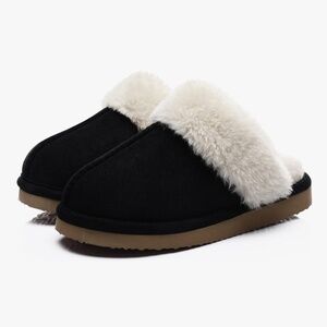 Black Fuzzy Indoor Slippers | Warm Faux Fur Cozy House Shoes, Non-Slip, Winter C